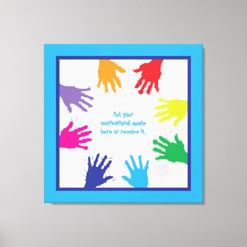 Colorful kids handprints with blue borders canvas print