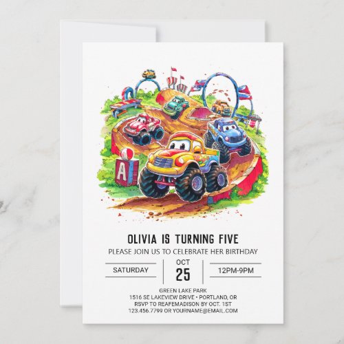 Colorful Kids Monster Truck Birthday Invitation