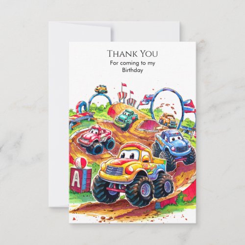 Colorful Kids Monster Truck Birthday Thank You Card