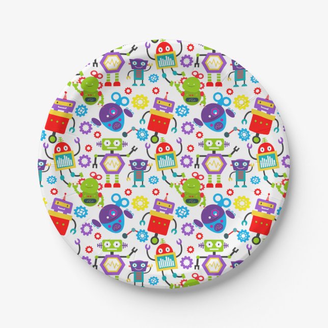 Colorful Kids Robot Paper Plates (Front)