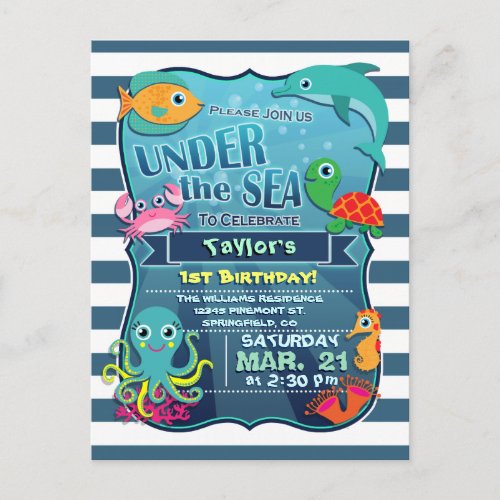 Colorful Kids Sea Life Birthday Party Invitation