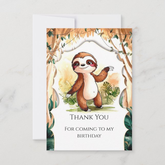 Colorful Kids Sloth Birthday Thank You Card (Front)