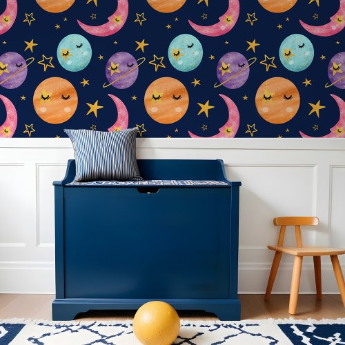 Colorful Kids Watercolor Space Planets Star  Moon Wallpaper
