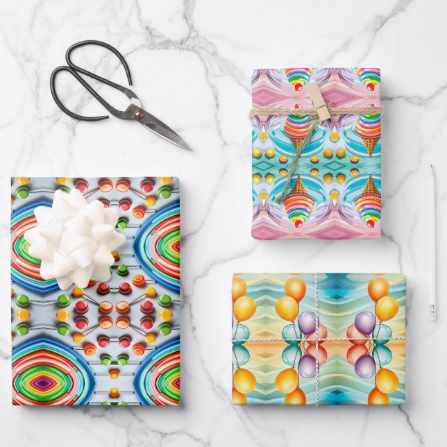 Colorful Kids Wrapping Paper Flat Sheet Set of 3 (Front)