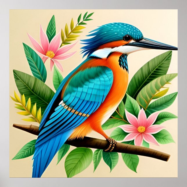 Colorful Kingfisher Bird Perched on Branch Poster (Front)