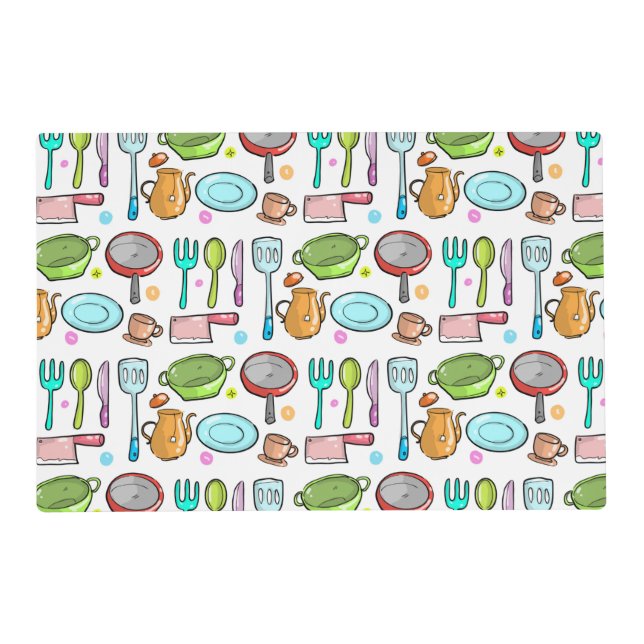 Colorful Kitchen Utensils Doodle Pattern Placemat (Front)