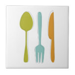 Colorful Kitchen Utensils Fork Knife Spoon Retro Ceramic Tile<br><div class="desc">This retro ceramic tile,  with it's kitchen utensils (fork,  knife and spoon) in a combination of turquoise blue,  avocado green,  orange,  and dark blue,  will look fabulous in your backsplash or on your countertop.</div>