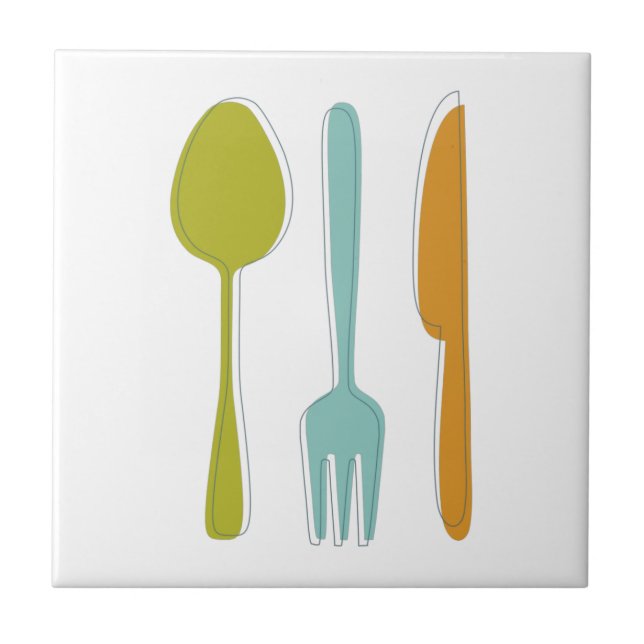 Colorful Kitchen Utensils Fork Knife Spoon Retro Ceramic Tile (Front)