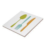 Colorful Kitchen Utensils Fork Knife Spoon Retro Ceramic Tile<br><div class="desc">This retro ceramic tile,  with it's kitchen utensils (fork,  knife and spoon) in a combination of turquoise blue,  avocado green,  orange,  and dark blue,  will look fabulous in your backsplash or on your countertop.</div>