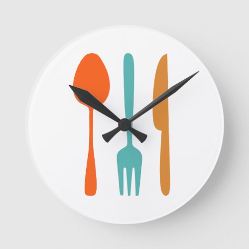 Colorful Kitchen Utensils Mid Century Modern Round Clock