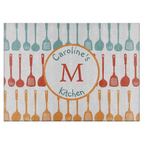 Colorful Kitchen Utensils Monogram Cutting Board