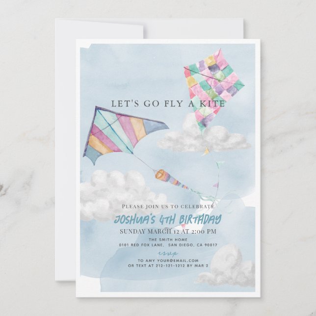 Colorful Kite & Blue Sky Watercolor Birthday Invitation (Front)
