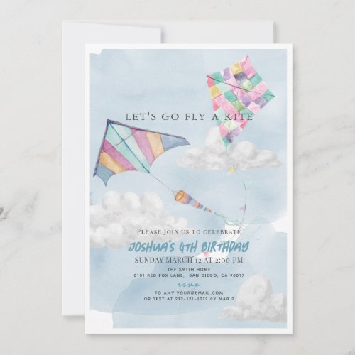 Colorful Kite  Blue Sky Watercolor Birthday Invitation