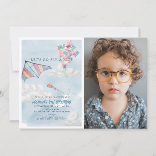 Colorful Kite  Blue Sky Watercolor Birthday Photo Invitation