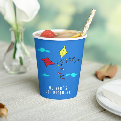 Colorful Kites in Blue Sky Kids Birthday Paper Cups