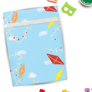 Colorful Kites in the Sky Blue Pattern Kids Wrapping Paper