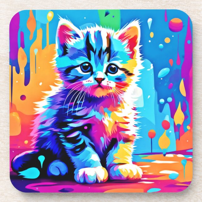Colorful Kitten Design  Beverage Coaster (Front)