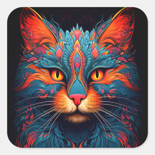 Colorful Kitty Cat Animal Psychedelic Fantasy Art Square Sticker (Front)