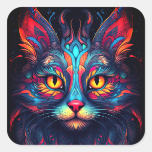 Colorful Kitty Cat Animal Psychedelic Fantasy Art Square Sticker