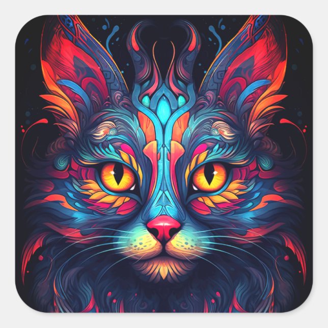 Colorful Kitty Cat Animal Psychedelic Fantasy Art Square Sticker (Front)