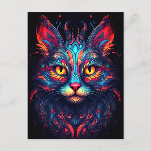 Colorful Kitty Cat Animal Psychedelic Tribal Art Postcard