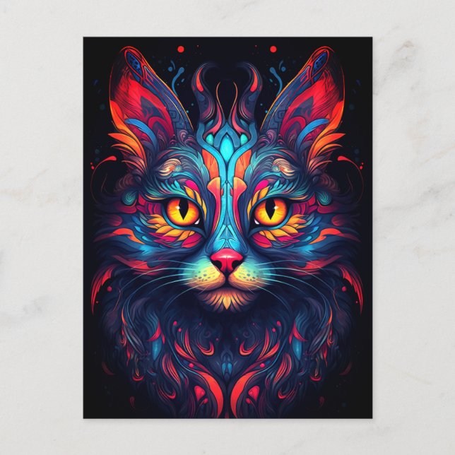 Colorful Kitty Cat Animal Psychedelic Tribal Art Postcard (Front)