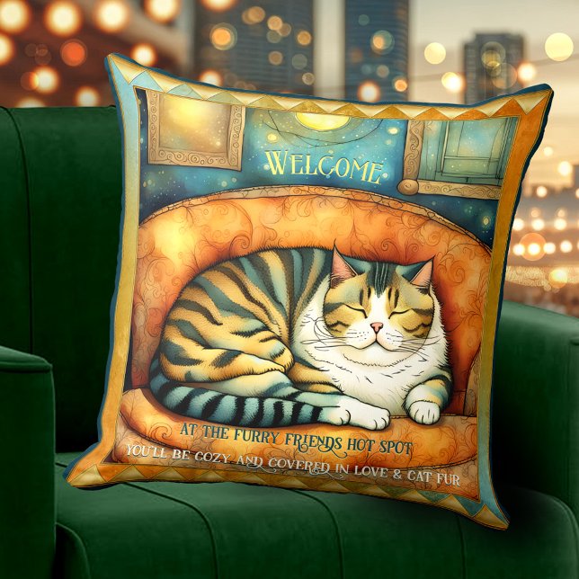 Colorful Kitty Cat Lovers Animal Art Throw Pillow (Bohemian cat pillow featuring a painting of a cute colorful kitty with your own texts)