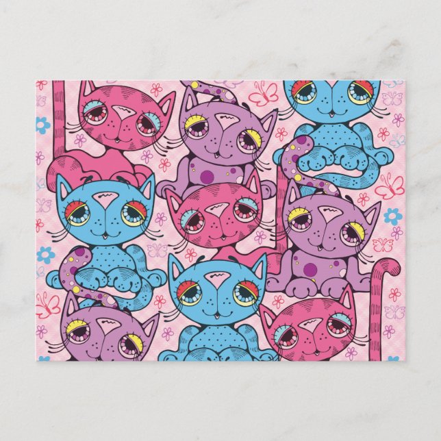 Colorful Kitty Cat Pattern Graphic Design Postcard (Front)