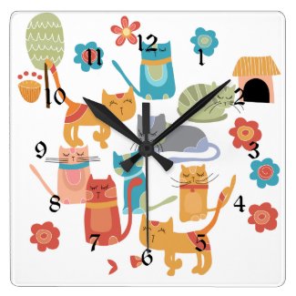 Colorful Kitty Cats Print Gifts for Cat Lovers Square Wall Clock