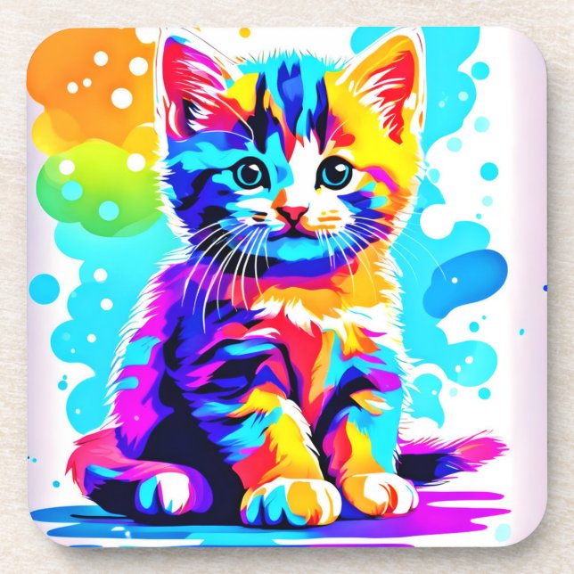 Colorful Kitty Splash Beverage Coaster (Front)