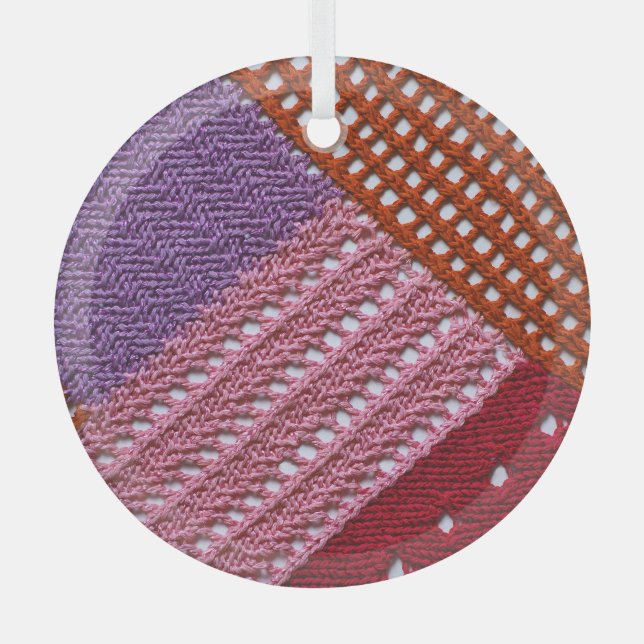 Colorful Knit: Abstract Patchwork Texture. Glass Ornament (Front)