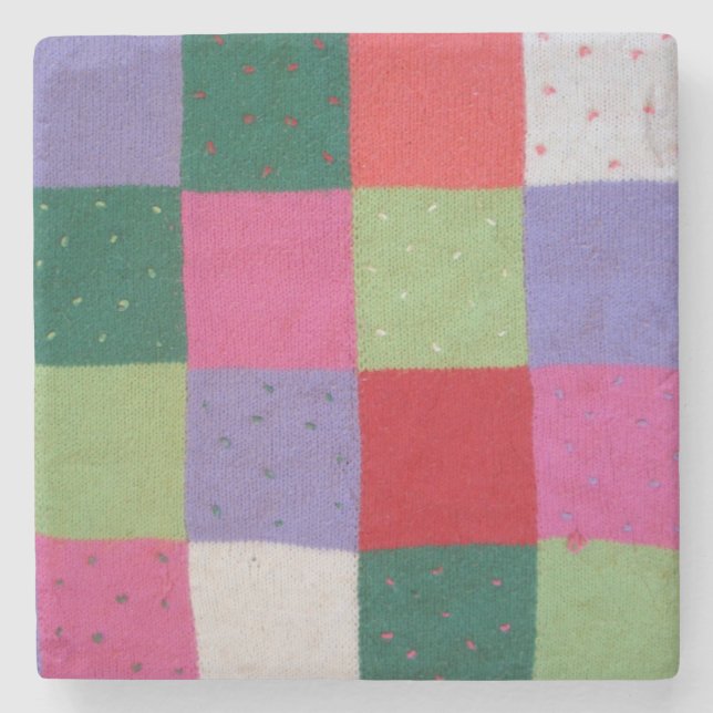 colorful knitted patchwork squares Stone Coaster (Front)