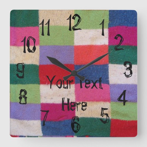 colorful knitted patchwork squares vintage style square wall clock