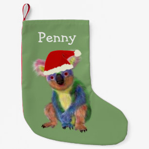 Colorful Koala in Red Santa Hat with Your Name Small Christmas Stocking
