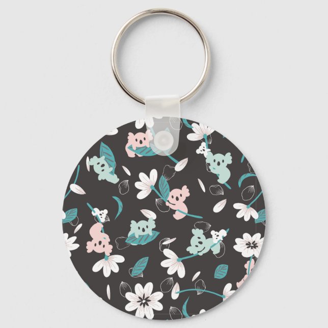 Colorful Koala Pattern Cute Animal and Floral Keychain (Front)