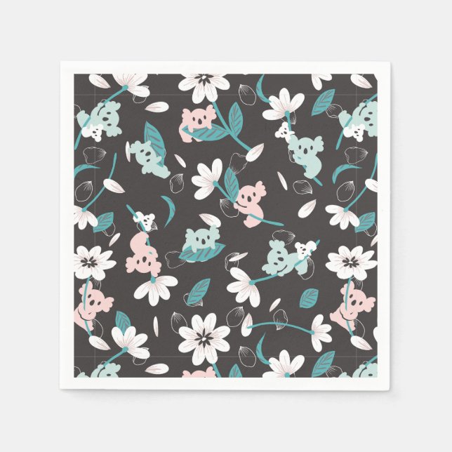 Colorful Koala Pattern Cute Animal and Floral Napkins (Front)