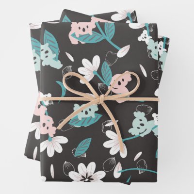 Colorful Koala Pattern Cute Animal and Floral Wrapping Paper Sheets