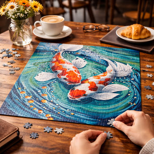 Colorful Koi Fish Art Design in Flowing Teal Water Jigsaw Puzzle