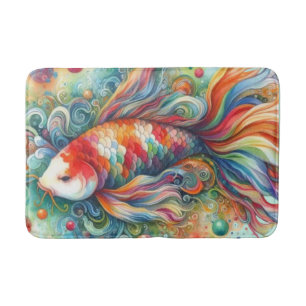 Colorful Koi Fish Whimsical Watercolor Orange Teal Bath Mat