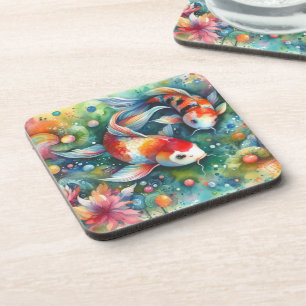 Colorful Koi Fish Whimsical Watercolor Orange Teal Beverage Coaster