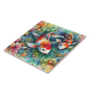 Colorful Koi Fish Whimsical Watercolor Orange Teal Ceramic Tile