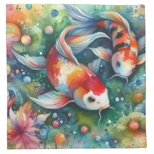 Colorful Koi Fish Whimsical Watercolor Orange Teal Cloth Napkin