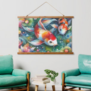 Colorful Koi Fish Whimsical Watercolor Orange Teal Hanging Tapestry