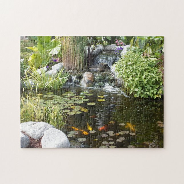 Colorful Koi in Lily pond with waterfall Jigsaw Puzzle (Horizontal)