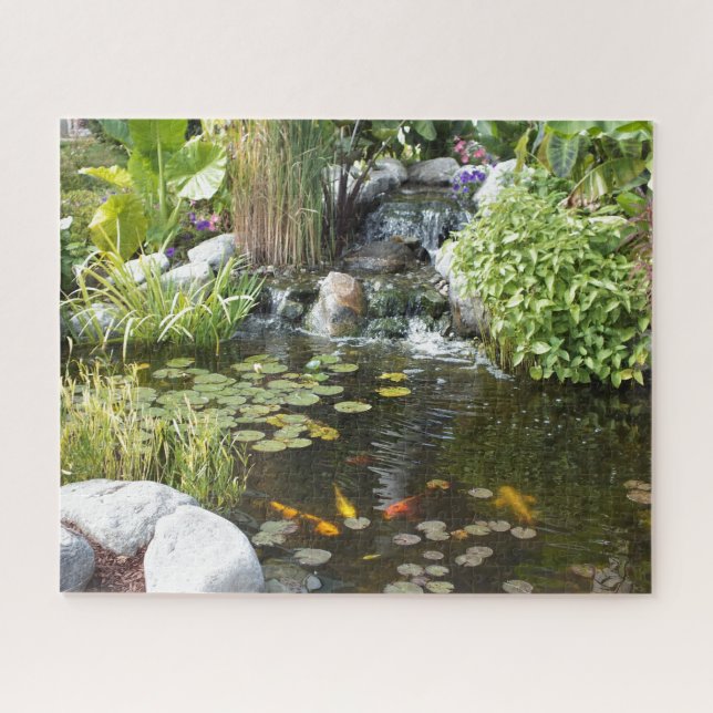 Colorful Koi in Lily pond with waterfall Jigsaw Puzzle (Horizontal)