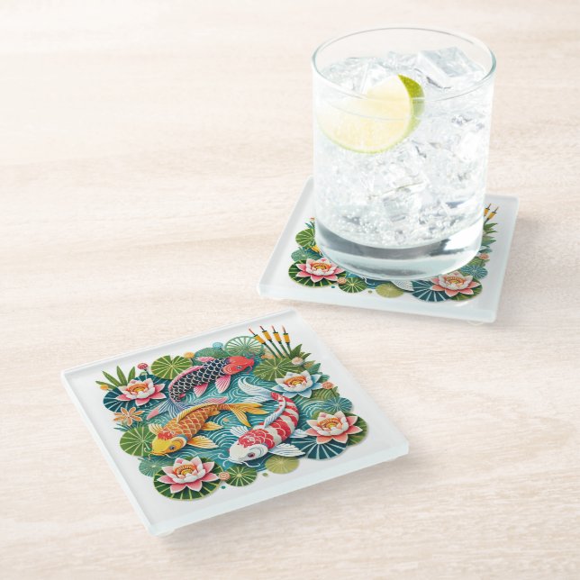 Colorful Koi Swimming in Lotus Filled Pond Glass Coaster (Angled)