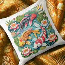 Colorful Koi Swimming in Lotus Filled Pond