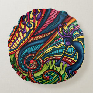 Colorful Kokopelli dancer with flute, Southwestern Round Pillow