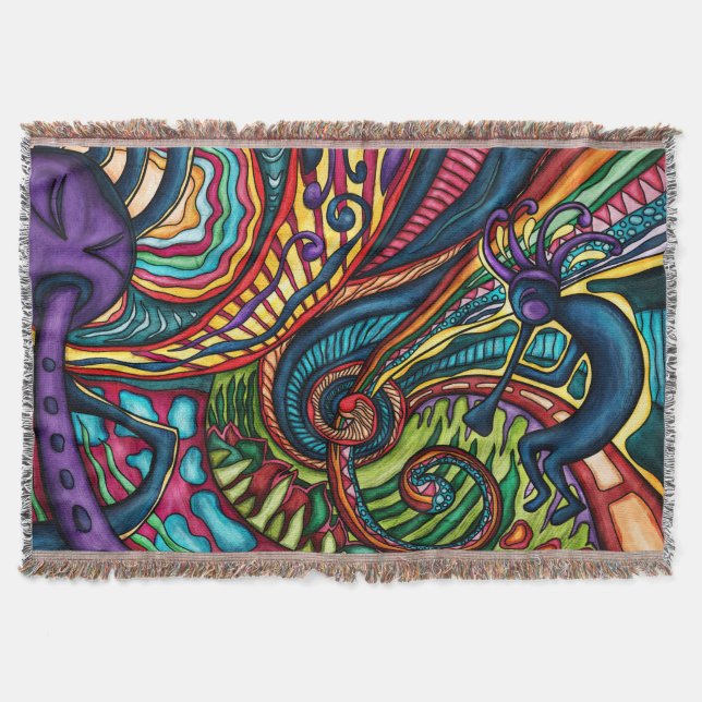 Colorful Kokopelli dancer with flute, Southwestern Throw Blanket (Front)
