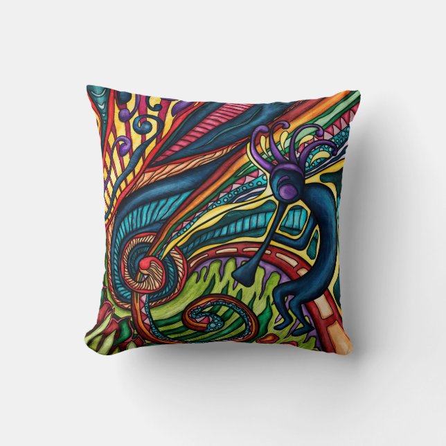 Colorful Kokopelli dancer with flute, Southwestern Throw Pillow (Front)